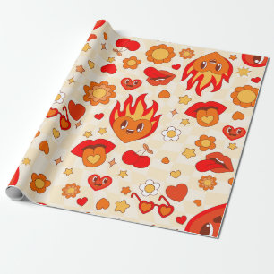 Papier Cadeau 1960 super pop art valentines flammes feu passion