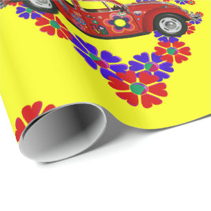 Papier Cadeau 1960's Theme Flowers and Car