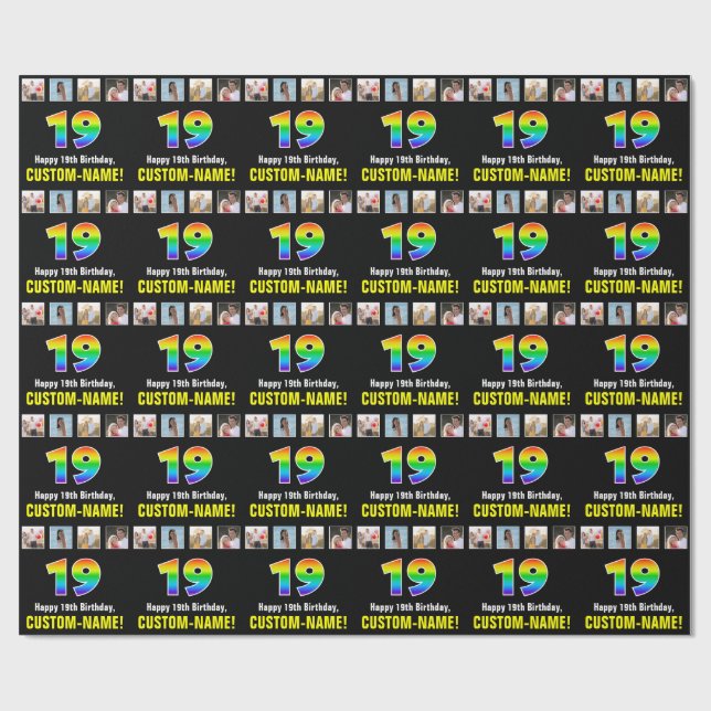 Papier Cadeau 19e anniversaire : Arc-en-ciel "19"; photos et nom (Plat)