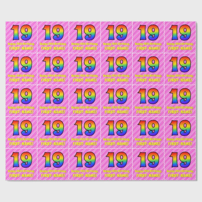 Papier Cadeau 19e anniversaire : Pink Stripes & Hearts, Arc-en-c (Plat)