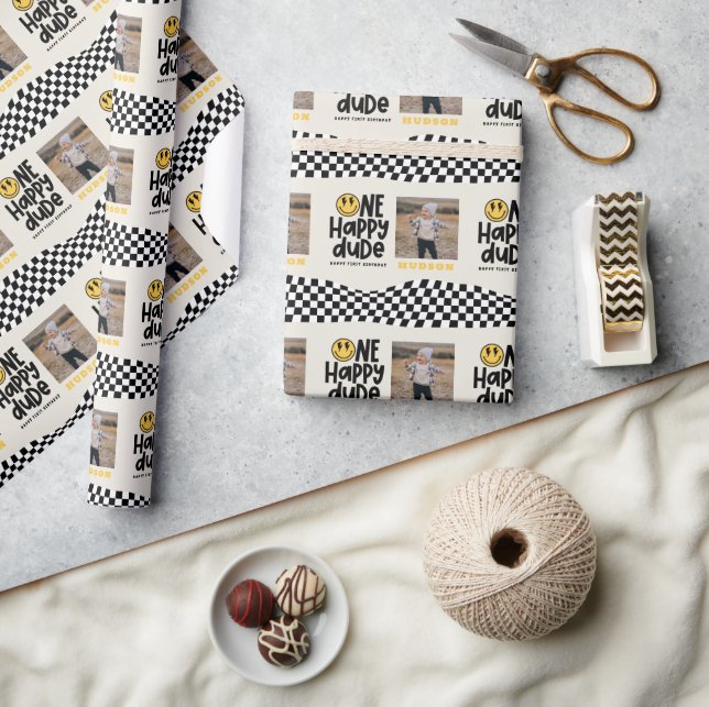 Papier Cadeau 1anniversaire sourire visage rétro noir blanc supe (Artisanat)