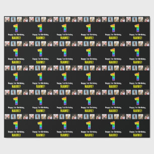 Papier Cadeau 1er anniversaire : Arc-en-ciel "1"; photos et nom 