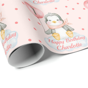 Papier Cadeau 1er anniversaire bébé Penguin rose