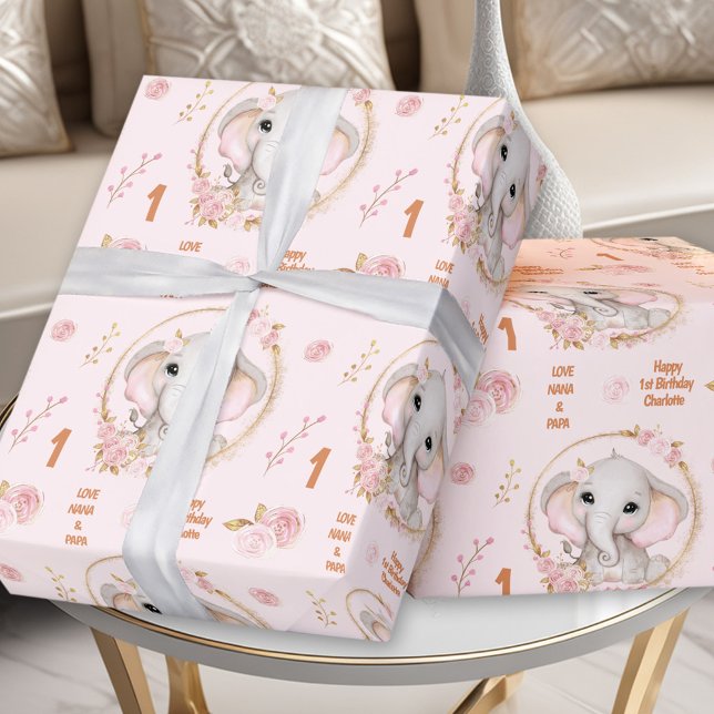 Papier Cadeau 1er anniversaire joli éléphant floral rose Nom de  (1st Birthday Cute Elephant Floral Pink Girl Name Wrapping Paper)