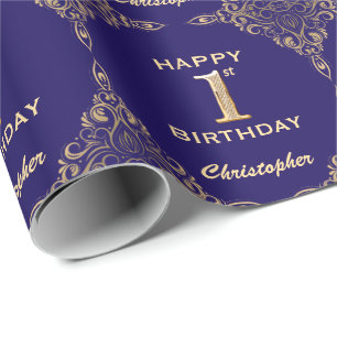 Papier Cadeau 1er Anniversaire Marine Bleu et Parties scintillan
