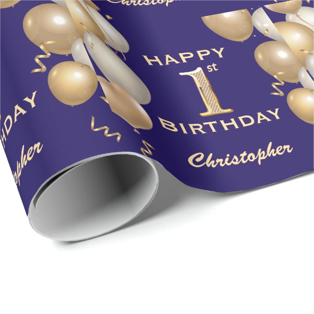 Papier Cadeau 1er Anniversaire Marine Bleu et Parties scintillan (Coin rond)