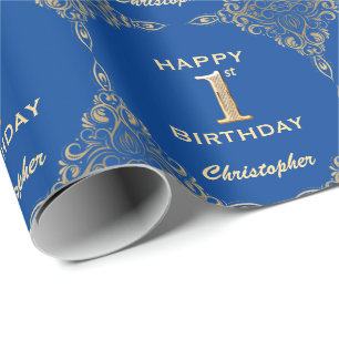 Papier Cadeau 1er Anniversaire Parties scintillant bleue et or