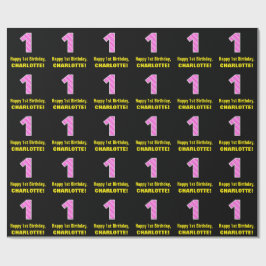 Papier Cadeau 1er anniversaire : Pink Stripes and Hearts "1" + N