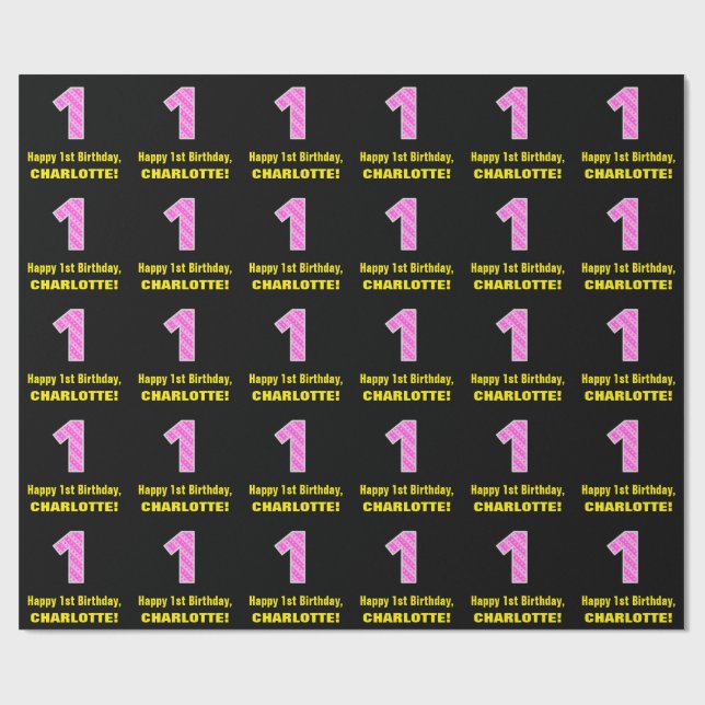 Papier Cadeau 1er anniversaire : Pink Stripes and Hearts "1" + N (Plat)