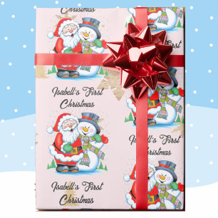 Papier Cadeau 1er Noël Baby Girl's Name Santa Claus