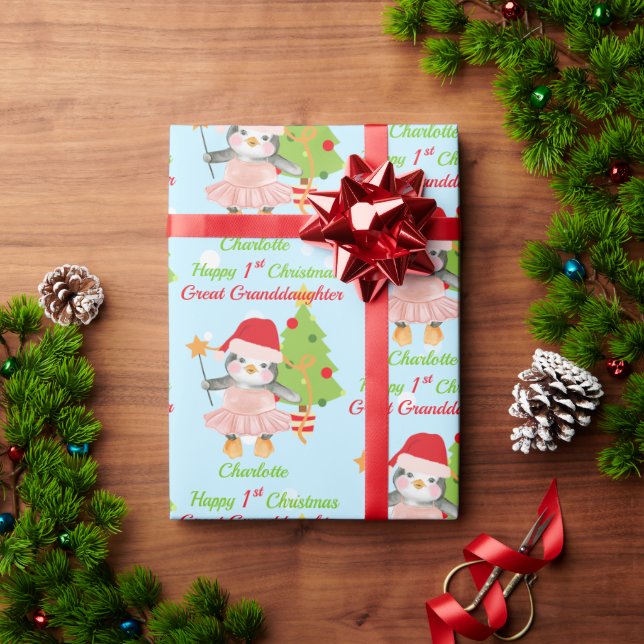 Papier Cadeau 1er Noël Grand Petit-fille Penguin (Cadeau de vacances)