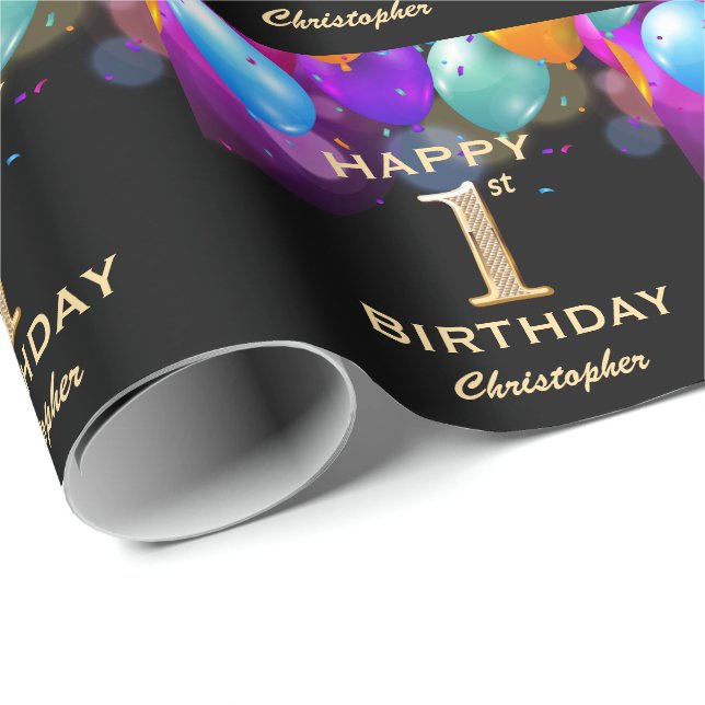Papier Cadeau 1ère fête d'anniversaire Ballons noirs et or (Coin rond)
