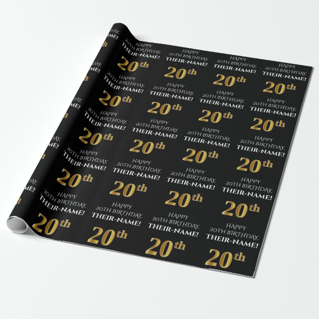 Papier Cadeau 20e anniversaire : Elégant, Noir, Faux Gold Look (Déroulé)