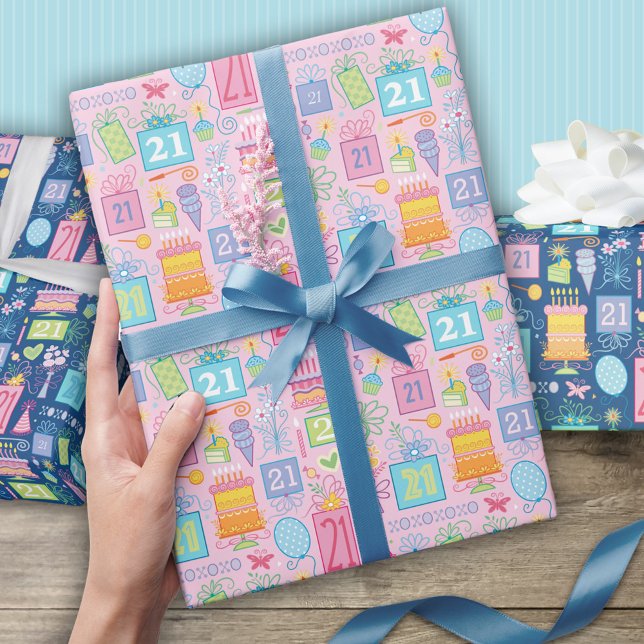 Papier Cadeau 21e Anniversaire Cake Balloons Casquette présente  (Créateur téléchargé)