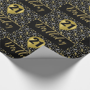 Papier Cadeau 21e Anniversaire de Ballons d'Or sur Noir avec Con