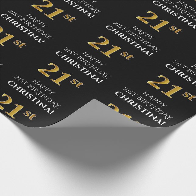 Papier Cadeau 21e anniversaire : Elégant, Noir, Faux Gold Look (Coin)