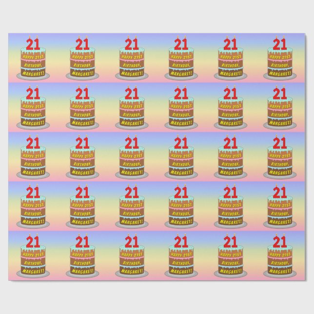 Papier Cadeau 21e anniversaire : Fun Cake and Candles + Nom pers (Plat)