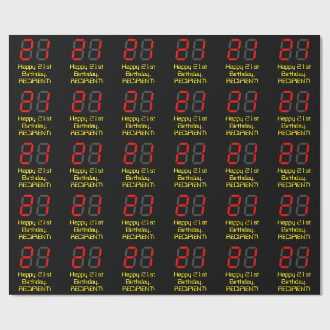 Papier Cadeau 21e anniversaire : Rouge Digital Horloge Style "21 (Plat)
