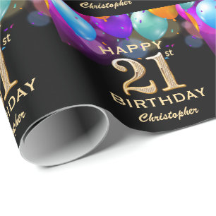 Papier Cadeau 21e fête d'anniversaire Ballons Noir et Or
