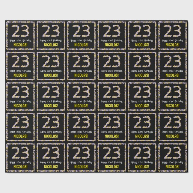Papier Cadeau 23e Anniversaire : Numéro de fleurs florales, nom  (Couture)