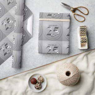 Papier Cadeau 25e anniversaire de Mariage en argent métallique