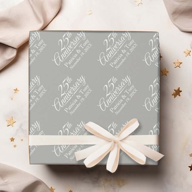 Papier Cadeau 25e anniversaire du Mariage - Arrière - plan gris (Personalized Wedding Anniversary Wrapping Paper)