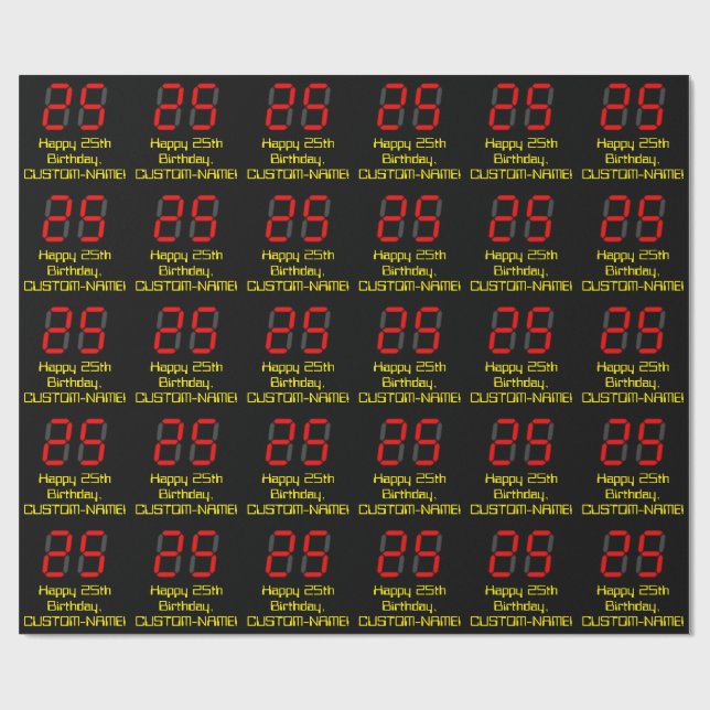 Papier Cadeau 25ème anniversaire : Rouge Digital Horloge Style " (Plat)