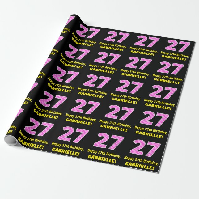 Papier Cadeau 27ème anniversaire : Pink Stripes and Hearts "27"  (Déroulé)