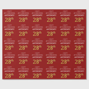 Papier Cadeau 28e anniversaire : Elégant, Rouge, Faux Gold Look