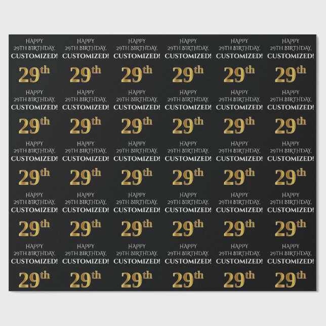 Papier Cadeau 29e anniversaire : Elégant, Noir, Faux Gold Look (Plat)