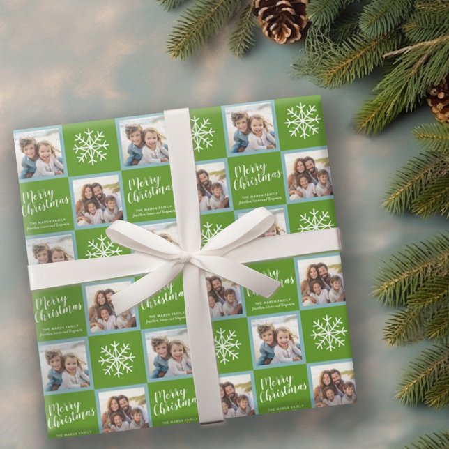 Papier Cadeau 2 Photo : Green Merry Christmas Snowflakes (Personalized wrapping paper with 2 photos)