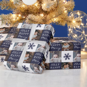 Papier Cadeau 2 photos personnalisées Flocon de neige Joyeux Noë