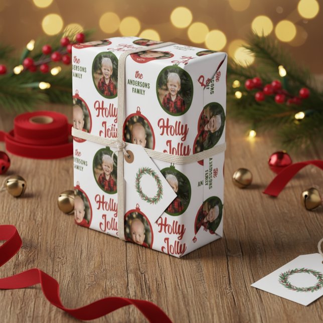 Papier Cadeau 2 Photos Scrip Holly Jolly Ornament de Noël (Créateur téléchargé)