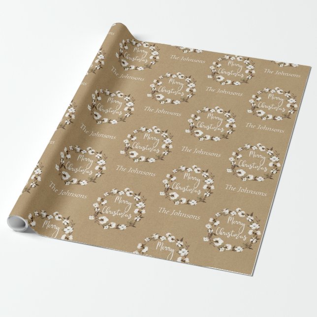 Papier Cadeau 30"x15" Kraft Cotton Wreath Name Joyeux Noël (Déroulé)