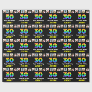 Papier Cadeau 30e anniversaire : Arc-en-ciel "30"; photos et nom