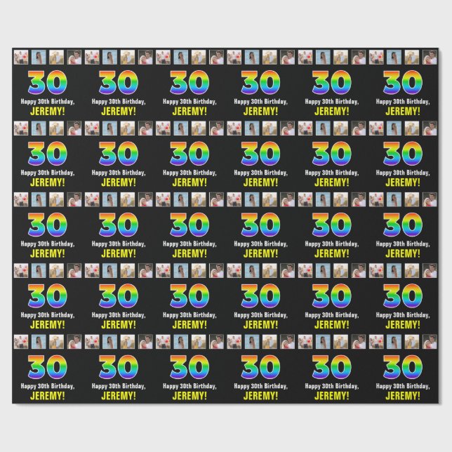 Papier Cadeau 30e anniversaire : Arc-en-ciel "30"; photos et nom (Plat)