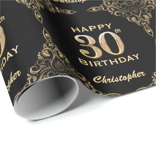 Papier Cadeau 30e anniversaire Black and Gold Parties scintillan