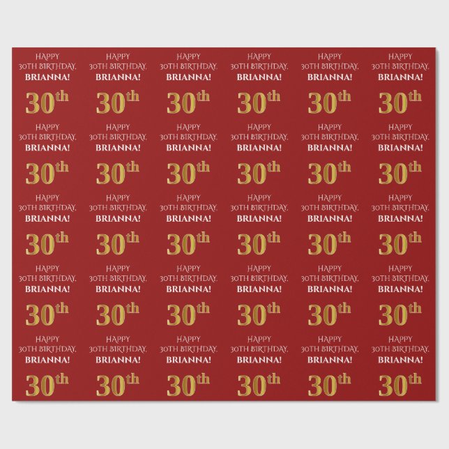 Papier Cadeau 30e anniversaire : Élégant, rouge, parure d'or de  (Plat)