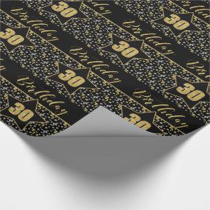 Papier Cadeau 30e Anniversaire étoile sur Noir avec Argent Or