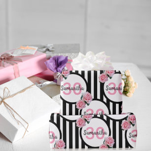 Papier Cadeau 30e anniversaire rose roses noir blanc rayures nom