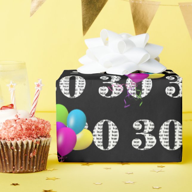 Papier Cadeau 30e Joyeux Ballons d'Anniversaire Sur Noir (Fête d'anniversaire)