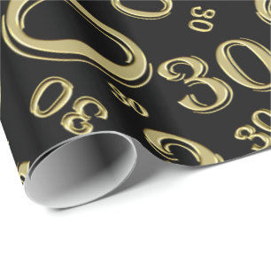 Papier Cadeau 30ème Or d'anniversaire et motif noir de nombre