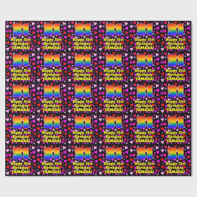 Papier Cadeau 31e anniversaire : Amour Hearts Motif, Arc-en-ciel (Plat)