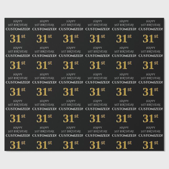 Papier Cadeau 31e anniversaire : Elégant, Noir, Faux Gold Look (Plat)