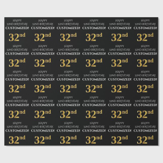 Papier Cadeau 32e anniversaire : Elégant, Noir, Faux Gold Look (Plat)