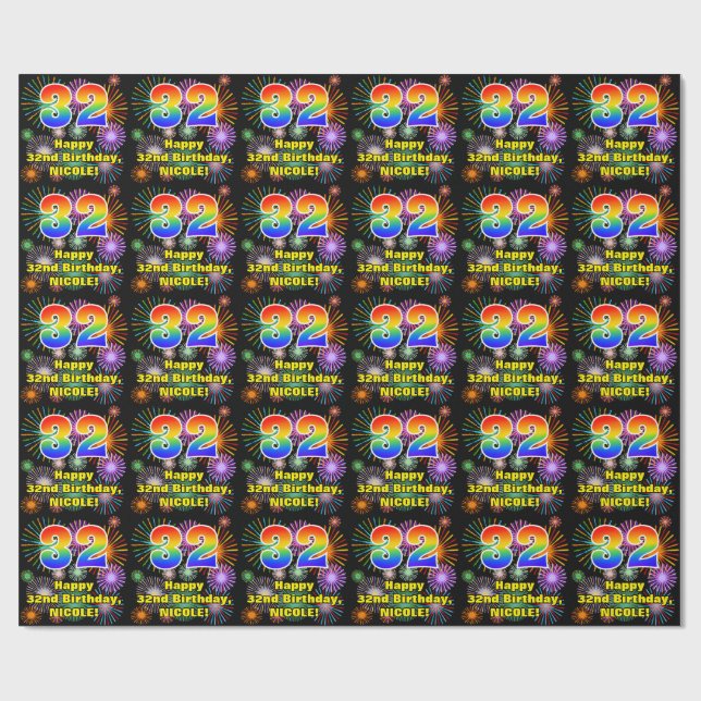 Papier Cadeau 32e anniversaire : Fun Fireworks, Rainbow Look # " (Plat)