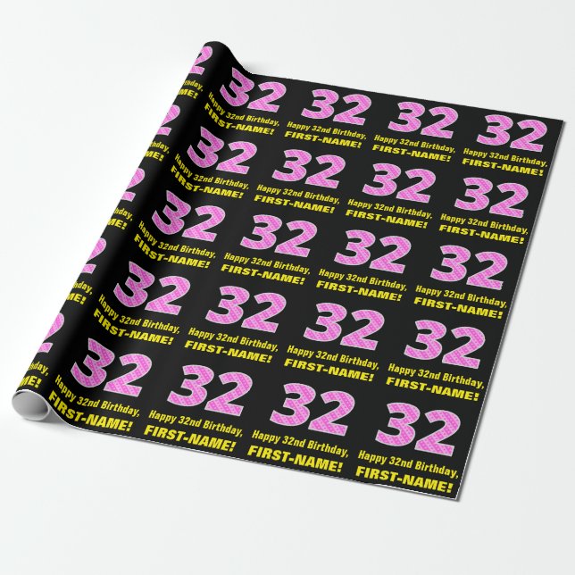 Papier Cadeau 32e anniversaire : Pink Stripes and Hearts "32" +  (Déroulé)