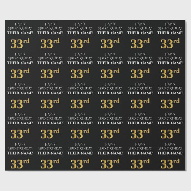 Papier Cadeau 33e anniversaire : Elégant, noir, Faux Gold Look (Plat)