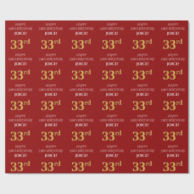 Papier Cadeau 33e anniversaire : Elégant, Rouge, Faux Gold Look (Plat)