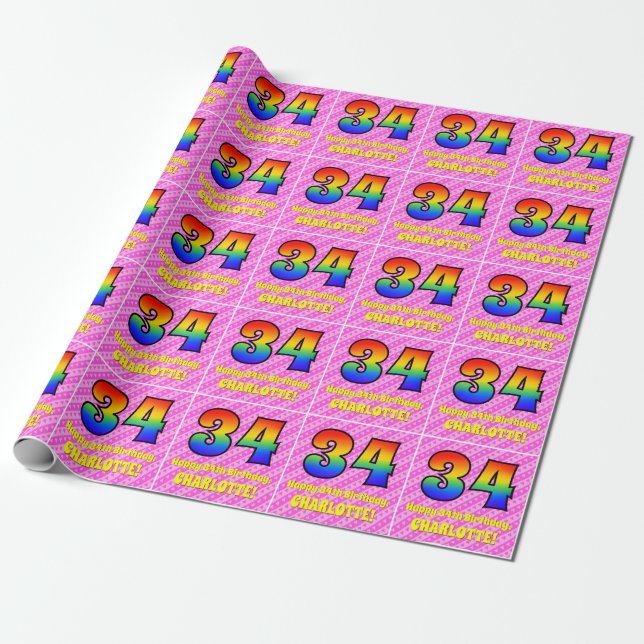 Papier Cadeau 34e anniversaire : Pink Stripes & Hearts, Arc en c (Déroulé)